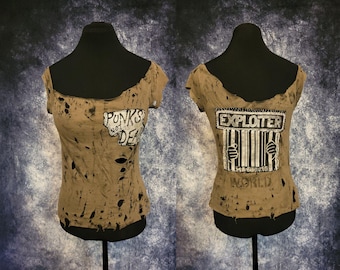 Painted, Torn and Patched Khaki Green Shirt - Punk's Not Dead-