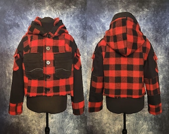 Short Hooded Coat in Checkered Wool and Black Denim