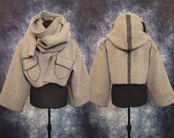 Short Hooded Coat with Integrated Scarf, Made from a Wool Blanket