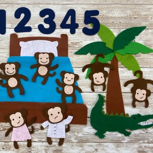 Felt Board Nursery Rhyme Set: 5 Little Monkeys Swinging in the Tree & Jumping on the Bed