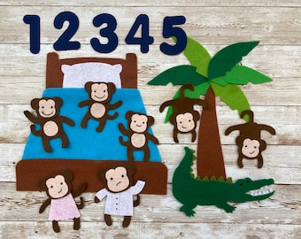 Felt Board Nursery Rhyme Set: 5 Little Monkeys Swinging in the Tree & Jumping on the Bed