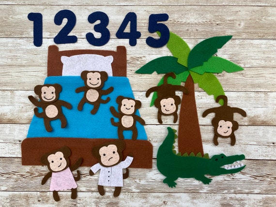 Felt Board Nursery Rhyme Set: 5 Little Monkeys Swinging in the Tree & Jumping on the Bed