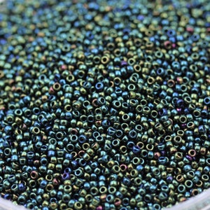 20g 15/0 Metallic Green Iris Toho Seed Beads, Toho 84, metallic glass beads. superior quality, micro seed beads