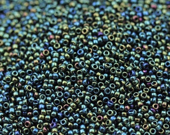 20g 15/0 Metallic Green Iris Toho Seed Beads, Toho 84, metallic glass beads. superior quality, micro seed beads