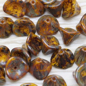 25pcs 12X10mm Sunflower Yellow Picasso Flower Bells Czech Glass Beads. Summer flowers. Fancy flowers.