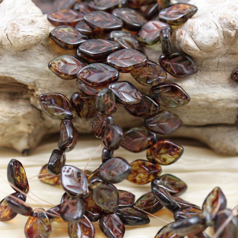 45pcs!! earthy colors 12X7mm Tropical Topaz Picasso Leaves Czech Glass Beads NEW!!
