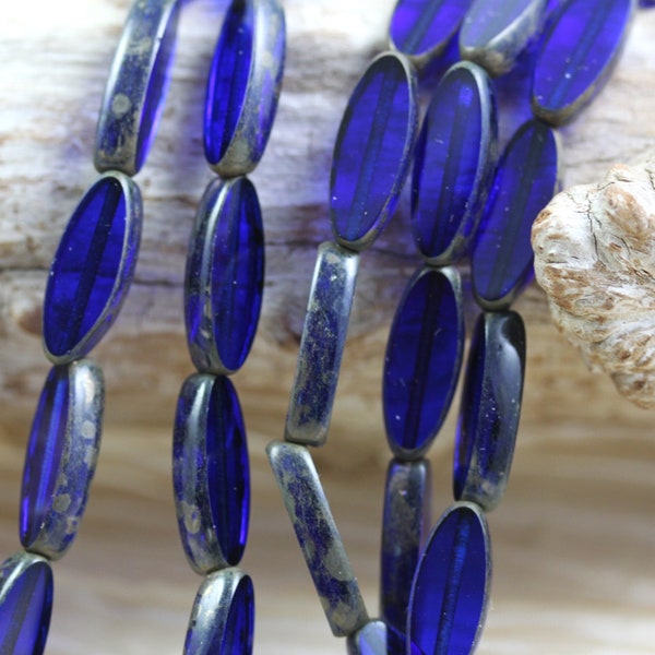 8pcs 16x6mm Cobalt Picasso Spindle Table Cut Czech Glass Beads