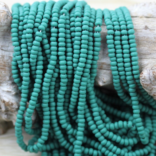 8/0 Matte Blue-Green Czech Seed Beads - 6/20", frosted ceramic look, rich deep color beads