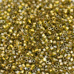 NEW! Discontinued 20gram 1.5mm Peridot Gold Lined Cubes Toho Seed Beads - fancy beads. superior quality, Toho 991