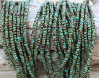 NEW! Full hank 11/0 Green Turquoise Picasso Czech seed beads - 12/20" hank, Picasso seed beads, rustic beads