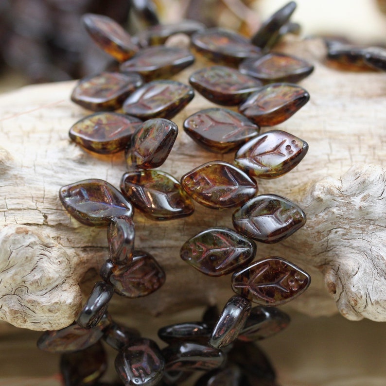 45pcs!! earthy colors 12X7mm Tropical Topaz Picasso Leaves Czech Glass Beads NEW!!