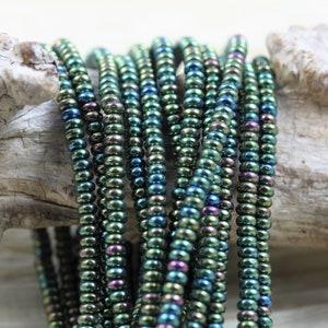 98-100pcs 4mm Metallic Green Iris Smooth Rondelle Czech Glass Beads, small spacers, metallic beads, beads for wrap bracelet