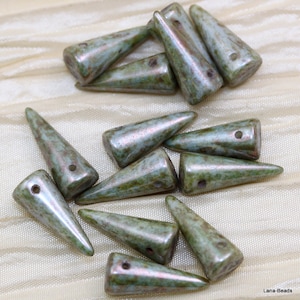 12pcs 7X17mm Green Picasso Luster Spikes Czech Glass Beads