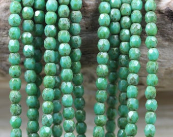 100pcs 4mm Green Turquoise Picasso Faceted Round Czech Glass Beads - fabulous Picasso  color...