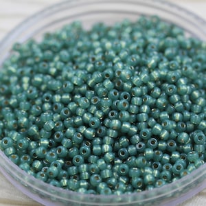 May include: A close-up shot of a clear container filled with teal seed beads. The beads have a metallic sheen and are densely packed, creating a textured surface. These small, round beads are ideal for jewelry making and crafting projects.