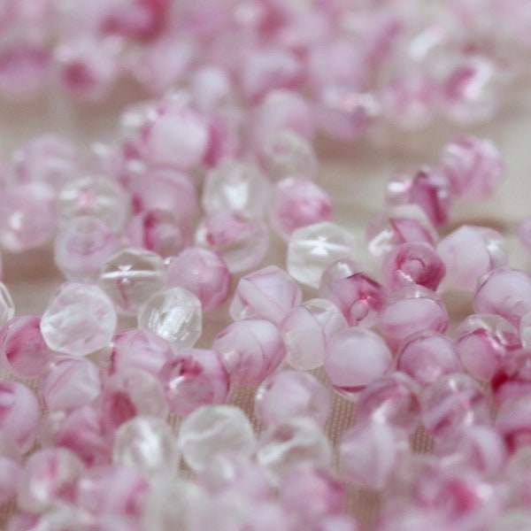 98-100pcs 4mm Crystal, Pink, White Swirl Faceted Round Fire Polished Czech Glass Beads, fabulous faceted beads, flower blossom beads