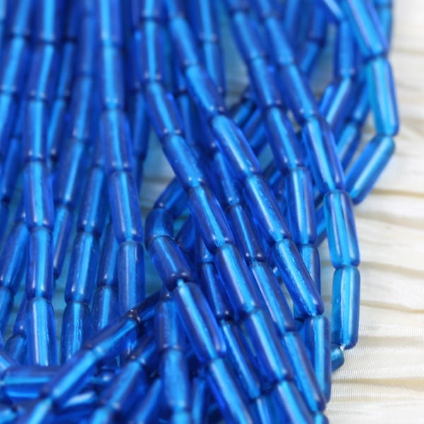 25pcs 14x4mm Capri Blue Tubes Czech Glass Beads, liquid glass beads, waist beads