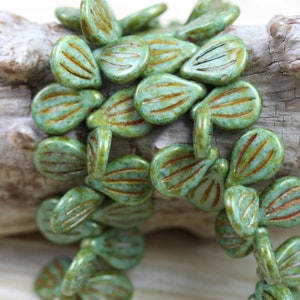 LAST! 25pcs 9x14mm White Picasso Green Luster Engraved Large Pip Czech glass beads, fab Picasso color, amazing shape and style