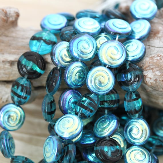 13mm Glass Tile Bead - Blue Black Matte - Czech glass – funkyprettybeads