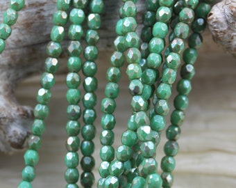 100pcs 4mm Green Turquoise / Silver  Picasso Faceted Round Czech Glass Beads - fabulous Picasso  color...