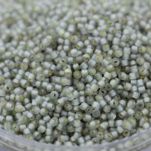 May include: A close-up view of a large quantity of small, round, opaque, light gray glass beads. The beads have a slightly frosted finish and a small hole in the center.