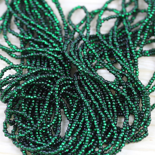 11/0 Bottle Green / Silver Lined Czech Seed Beads, full hank -12/20", fabulous firefly effect, and rich color