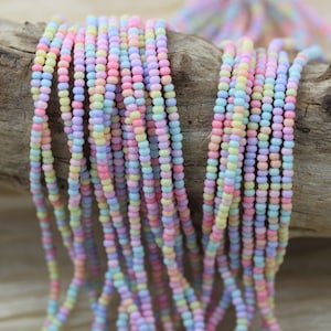 May include: A strand of pastel-colored seed beads, featuring shades of pink, blue, yellow, and lavender. The beads are strung on a clear thread and are arranged in a repeating pattern.