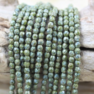 100pcs 3mm Olive Picasso Faceted Round Czech Glass Beads - fabulous Picasso  colors...