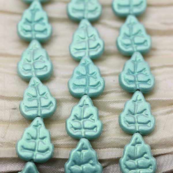 25pcs 8X10mm Sueded Olive Turquoise Leaves (vertical hole) Czech Glass Beads. Summer leaf, eye-catching shimmering color