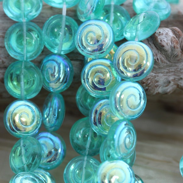 10pcs 13mm Aqua - Peridot AB Spiral Shell / Snail Czech Glass Beads