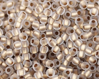 May include: A close-up of a large quantity of small, round, translucent glass beads with a gold metallic finish.