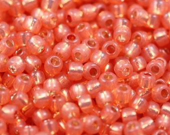 May include: A close-up image of a large quantity of small, round, peach-colored beads with a metallic sheen. The beads have a small hole in the center.