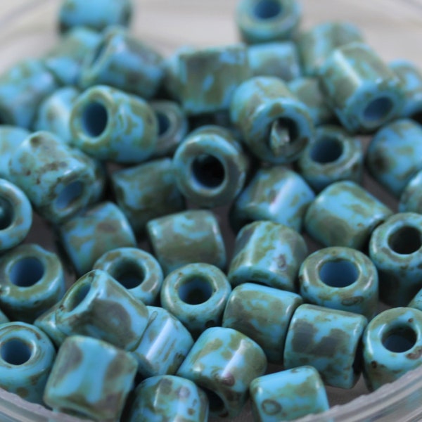 25pcs 7mm Blue Turquoise Picasso Crow Rollers Czech glass beads, ancient look, fabulous Indian Crow beads with 3mm holes