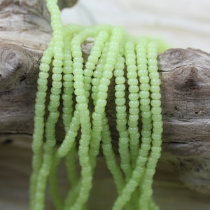May include: A strand of light green glass seed beads. The beads are small and round, and they are strung together on a thin thread.