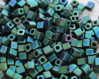 NEW! Discontinued! 30g 4mm Matte Metallic Forest Green Iris Cubes Miyuki Seed Beads - 30 grams, superior quality, Miyuki 2020