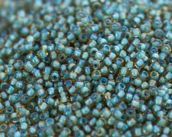 20g 11/0 Light Topaz AB / Blue color Lined Toho Seed Beads - 20grams, beached beads. superior quality, Toho 308