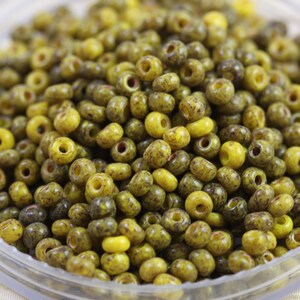 70g 6/0 Yellow Picasso Czech Seed Beads - 70grams (6/20&quot; )- spectacular earthy color and speckled finish, awesome Picasso beads