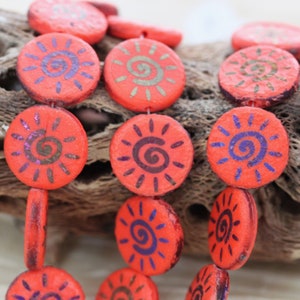 8pcs 17mm Etched Orange / Sliperit Abstract Sun Laser Tattoo Chunky Czech Glass Beads