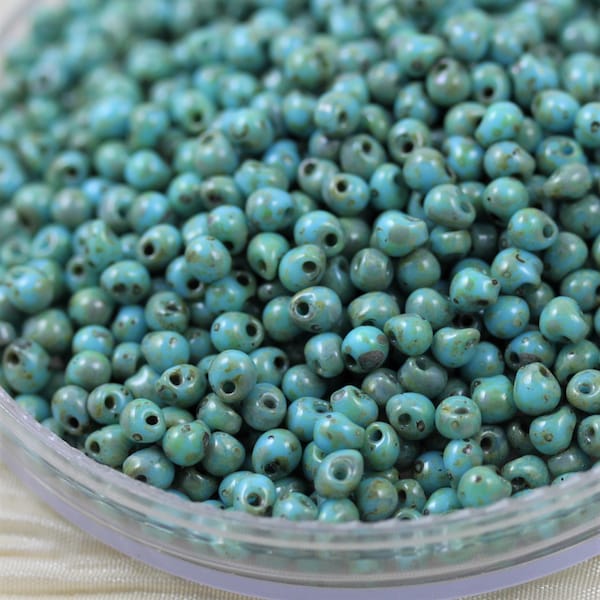 30g Fancy Color 3.4mm Green Turquoise Picasso Miyuki Drop Beads - 30grams, fringe beads, tear drops, color 4514