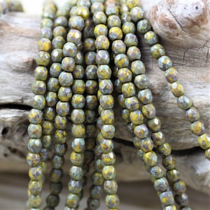100pcs 3mm Chartreuse Picasso Faceted Round Czech Glass Beads - fabulous Picasso  colors...