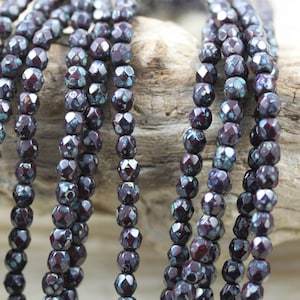 100pcs 4mm Burgundy Picasso Faceted Round Czech Glass Beads - fabulous Picasso  colors...