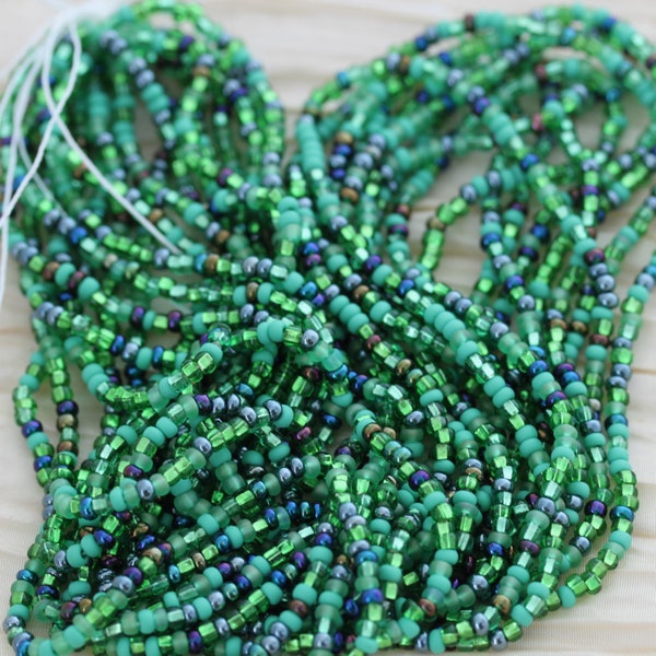 8/0 Emerald City Mega Mix Czech seed beads - 1 Hank - 6/20", green mixed beads, vibrant lush green colors