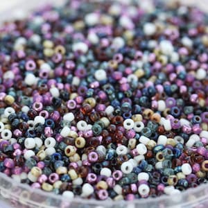 May include: A close-up of a variety of seed beads in shades of white, brown, purple, and blue.