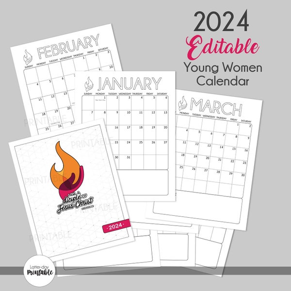 2024 Young Women Editable Planning Calendar I am a disciple of Jesus Christ Theme for LDS Young Women Editable Planner Calendar