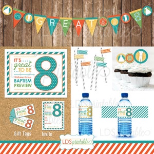 LDS Baptism - Great To Be Eight 8 Baptism Preview Decor Set Banner Gift Tag Water Bottle Label Invite Program Cover Cupcake Toppers