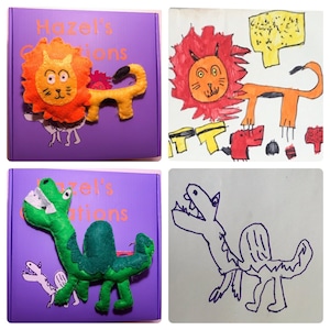May include: Two felt animal toys, a lion and a dinosaur, are displayed on purple boxes with the text "Hazel's Creations". The lion is orange with a yellow mane and the dinosaur is green with a yellow mouth.