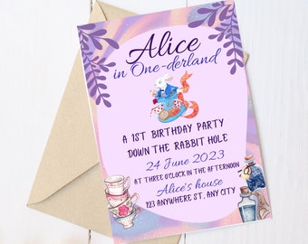 Alice in One-derland Birthday Invitation Canva Template- Customizable Invitation 5x7 Printable