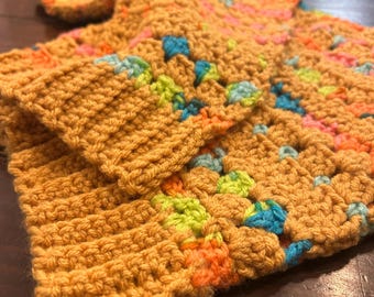 Handmade Crochet Cardigan | Size 4T | Mustard Rainbow Sweater | Colorful Toddler Cardigan | Heirloom