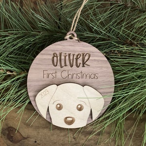 Personalisierte erste Weihnachtsverzierung | 2024 | Babys erstes Weihnachten | Hündchen Ornament aus Holz | Bauernhaus Weihnachten | Minimalistisch | Boho