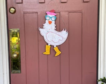 Hand-Painted Wooden Chicken Door Hanger: 3D Welcome Sign